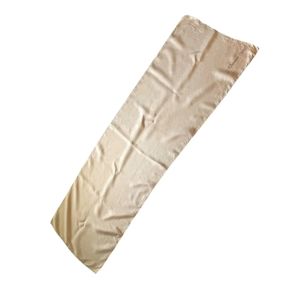 Christian Dior Silk Scarf Champagne Beige Ribbed Embroidered Logo Made in France